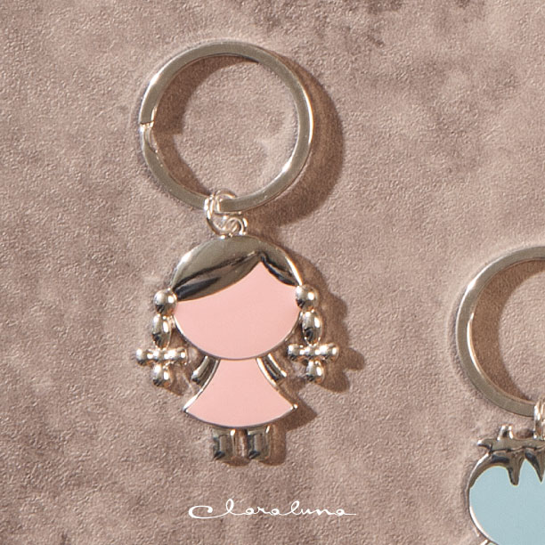 Portachiavi piccolo con bambina rosa e ring argento