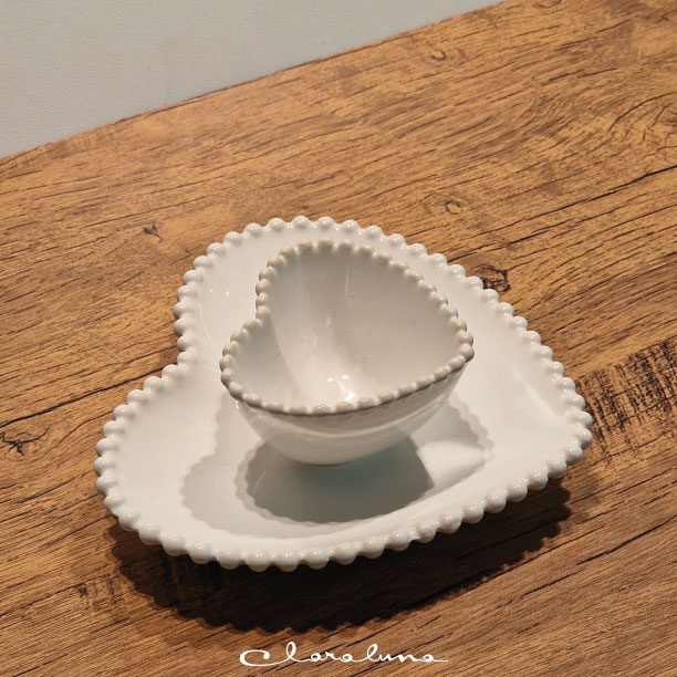 Set ciotolina e piattino a cuore grande con merletti bianco