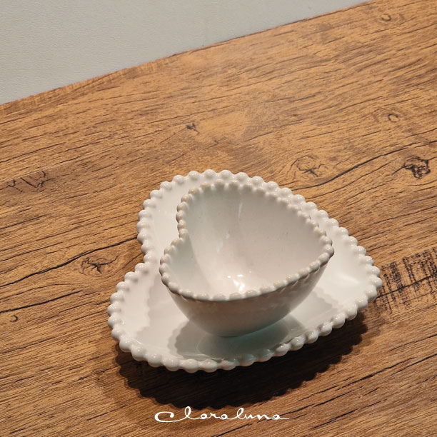 Set ciotolina e piattino a cuore medio bianco con merletti