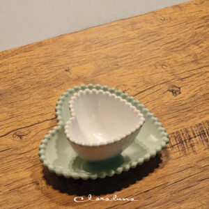 Set ciotolina bianca e piattino a cuore medio verde matcha con merletti