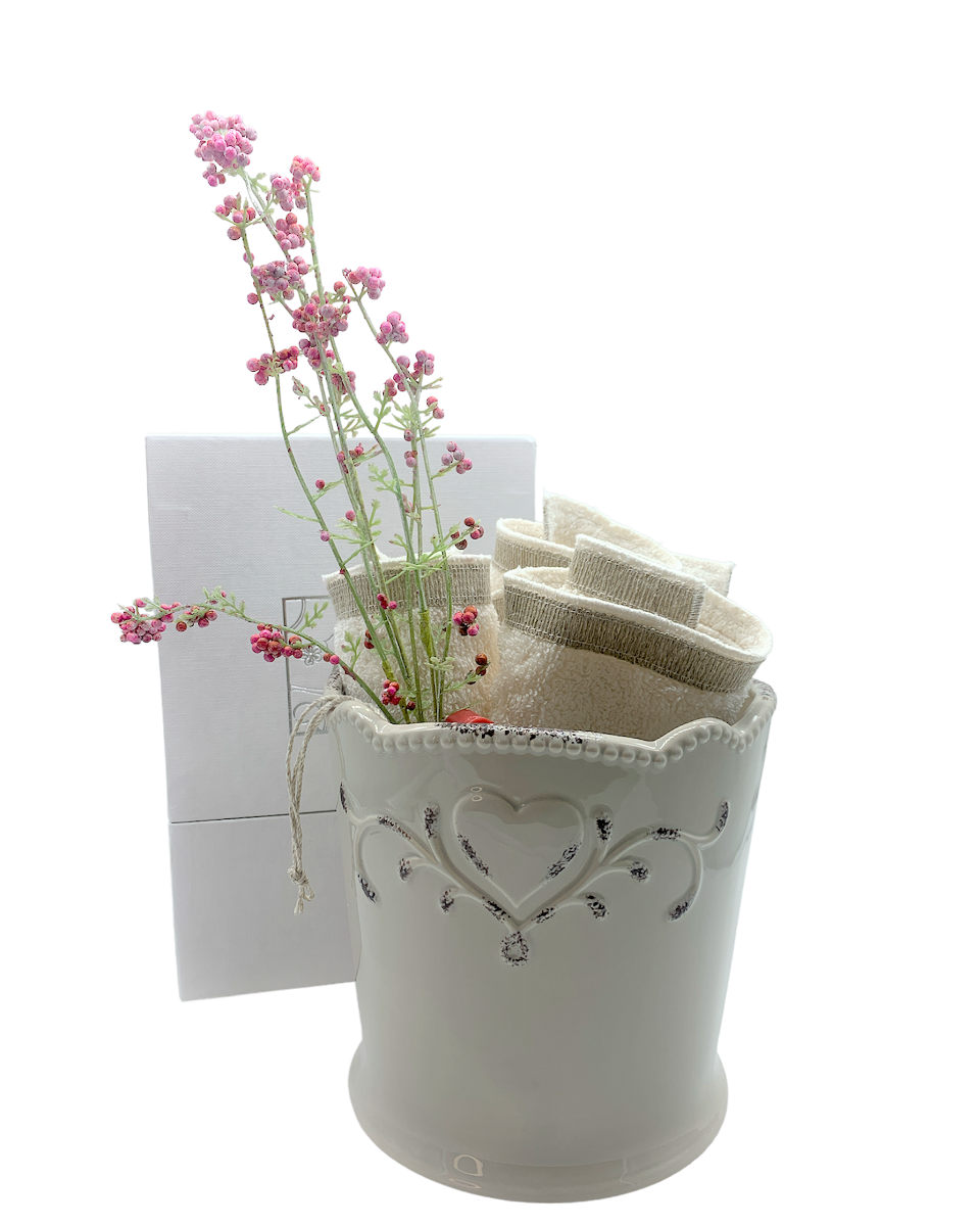 Vaso grande tortora in stile shabby con fiorellini e salvietta