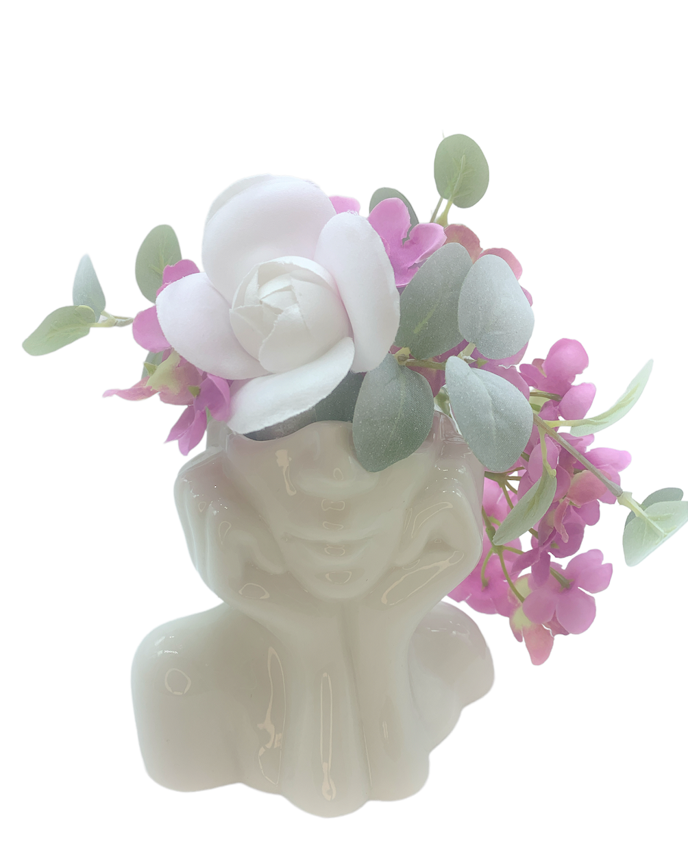 Vaso piccolo con donna con mani sul viso e decoro fiori
