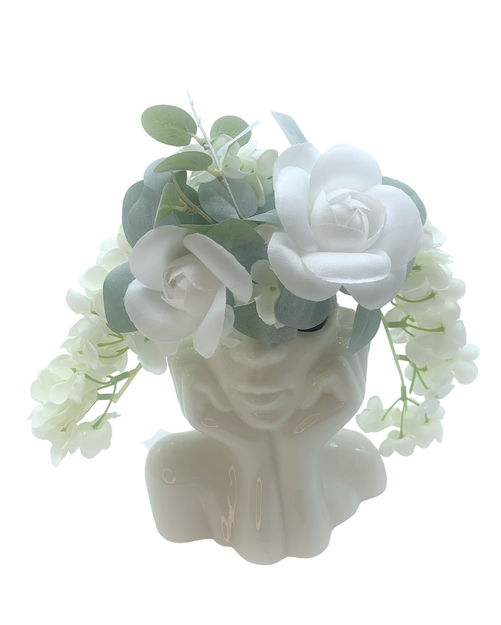 Vaso medio con donna con mani sul viso e decoro fiori