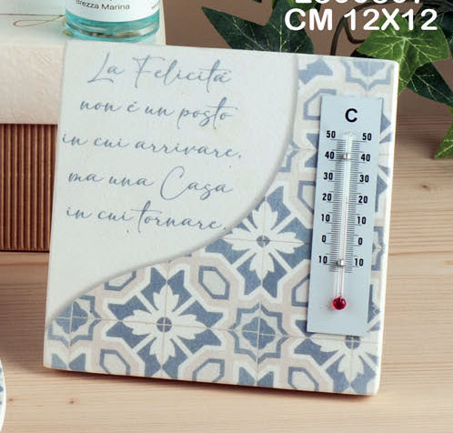 Termometro con maiolica azzurro polvere e scritta