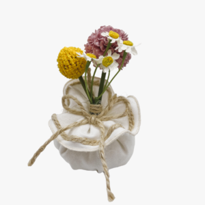Puff portaconfetti in cotone con spago e fiorellini